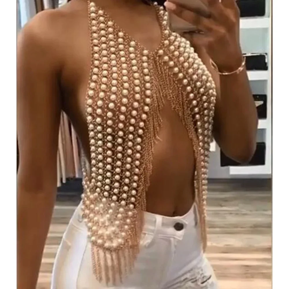 Gold Faux Pearl Chain Tassel Body Jewelry Rave Halter Crop Top - Picture 10 of 10